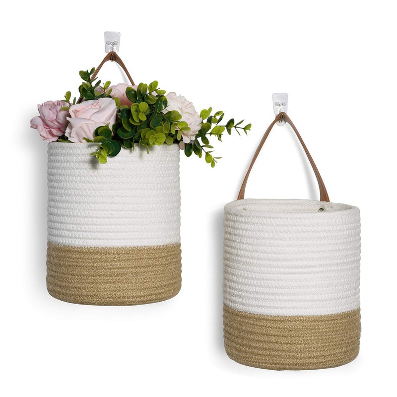 Goodpick 2pack Jute Rope Hanging Basket - Small Woven Fern Wall Hanging Baskets Flower Plants, Woven Basket Key Storage Baskets, White and Jute 7.87 x 7 x 11.7 inches - Image 1